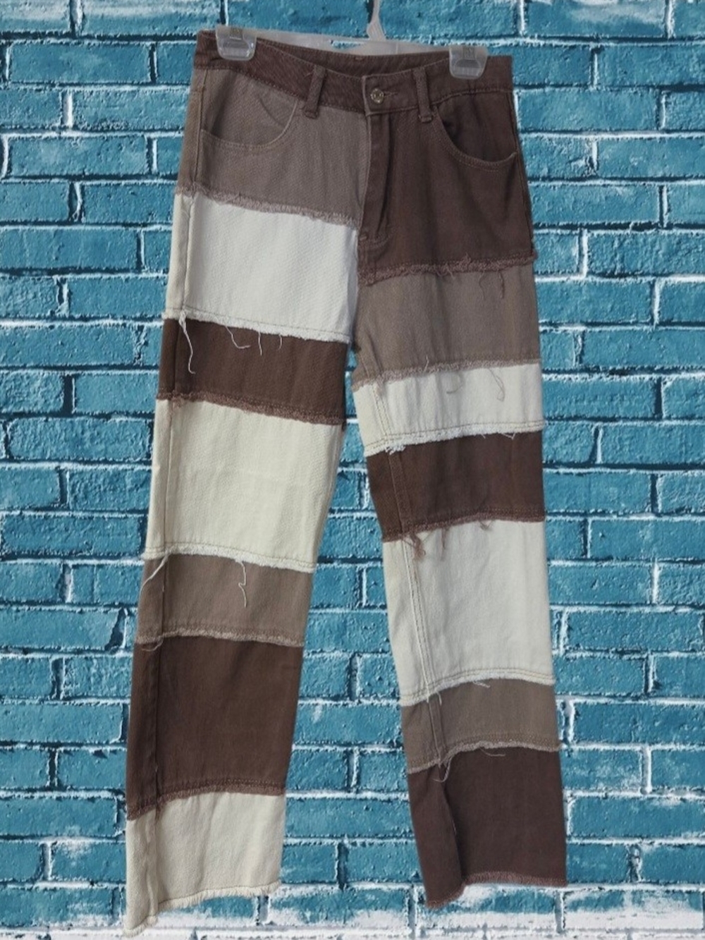 Vintage Style Patchwork Striped Wide-Leg Jeans Brown Shein Size 4